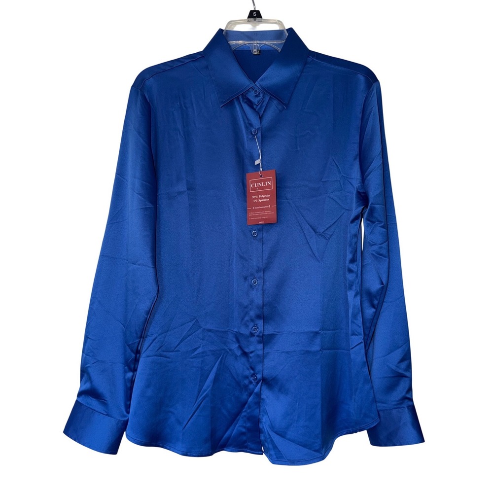 Cunlin Womens Royal Blue Satin Button Down Blouse Long Sleeve Stretch Shirt S